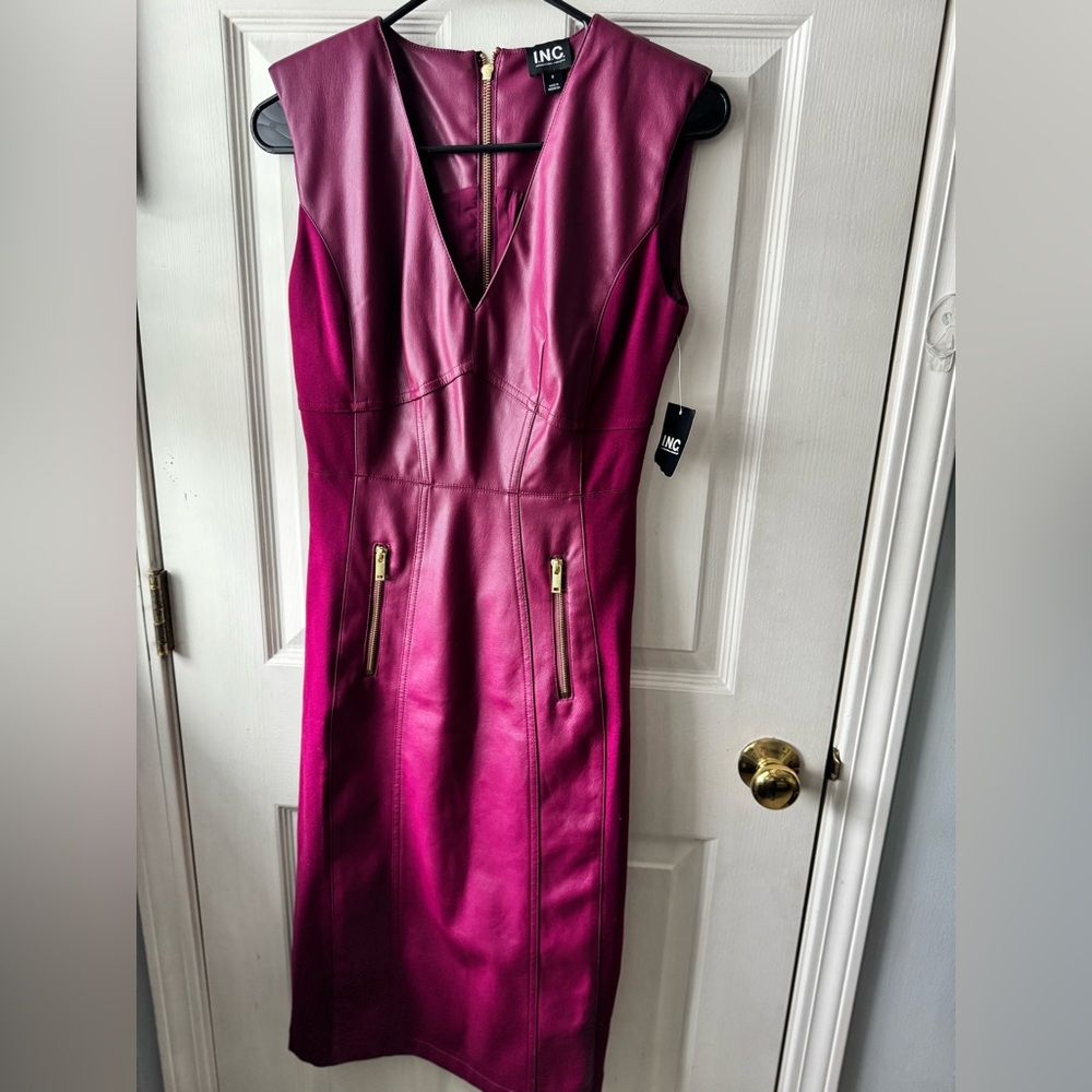 INC faux leather dress in maroon color size 0 brand new.